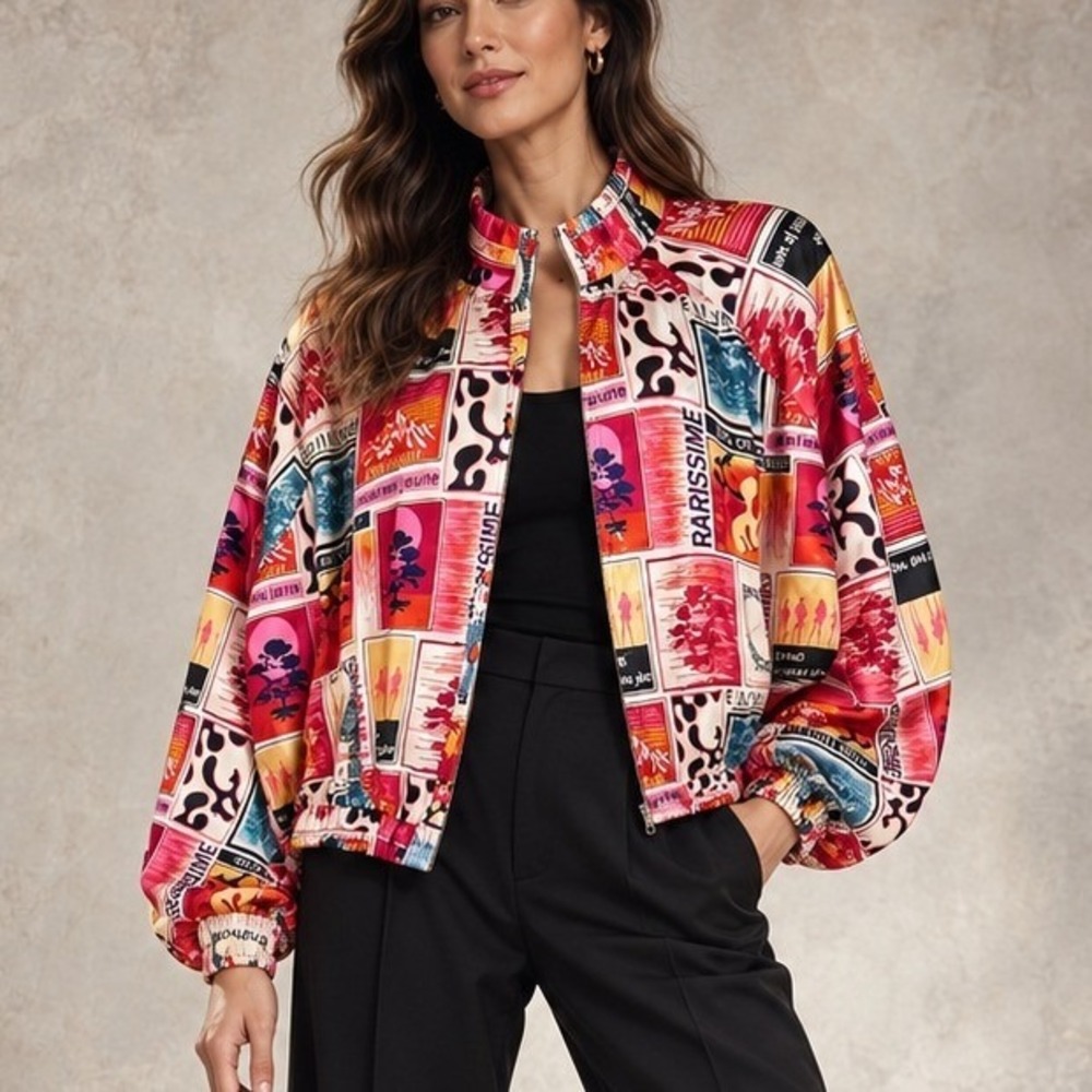 Vtg Love By Design Women 3X Postcard Print Bomber Jacket Mock Neck Wearable Art